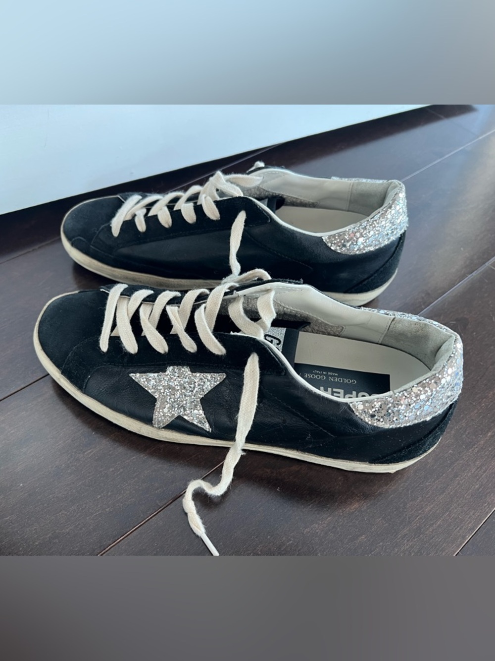 Golden Goose Black Leather & Suede Sneakers with Silver Glitter Details